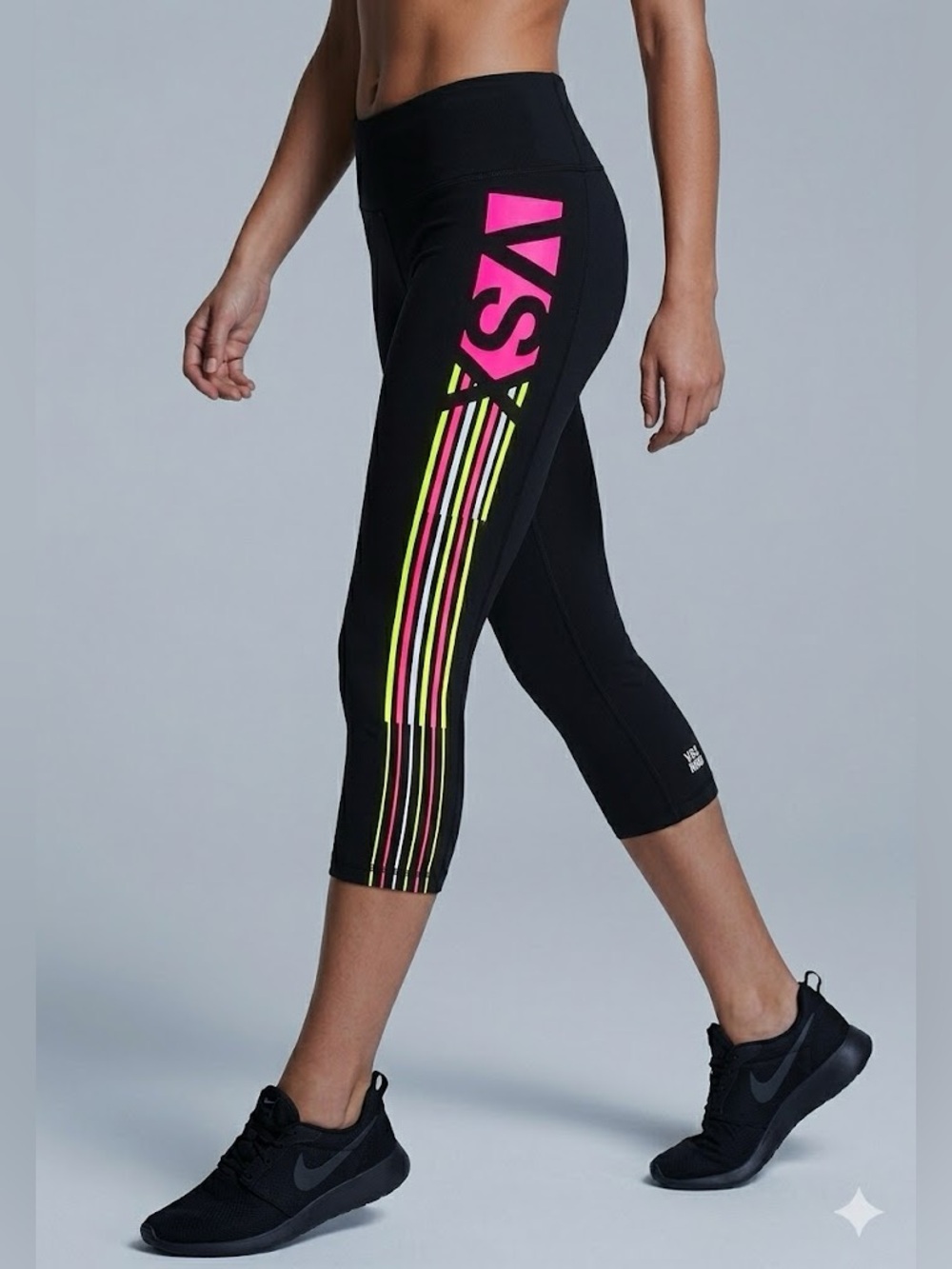 Victoria’s Secret VSX Sport Knockout Crop Leggings Black Neon Stripe Small